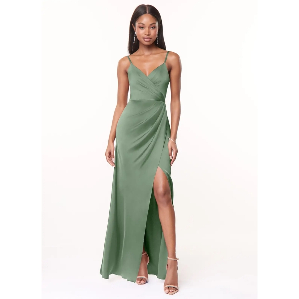 Azazie Olive Green Spaghetti Strap Wrap Gown